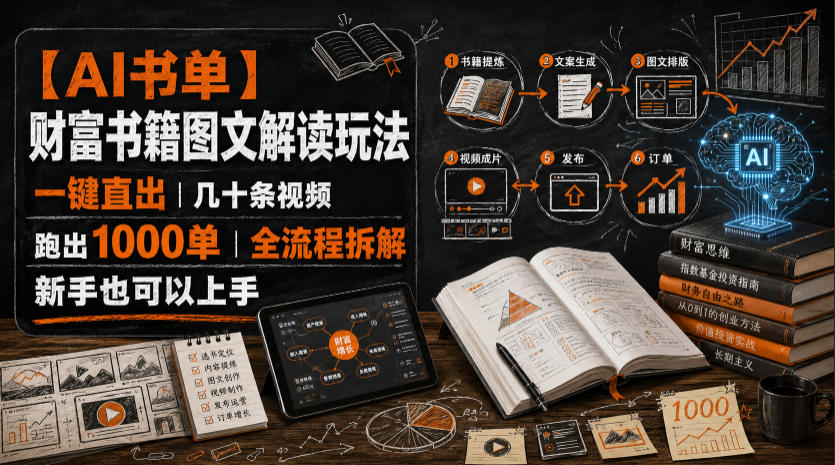 【AI书单】财富书籍图文解读玩法，一键直出，几十条视频，跑出1000单，全流程拆解，新手也可以上手-旺仔资源库