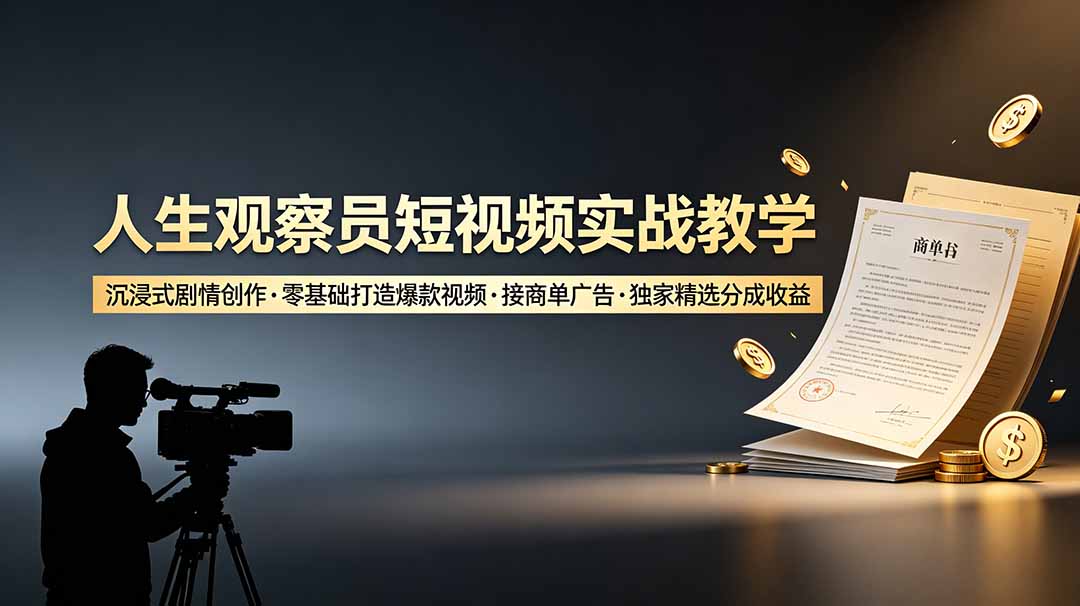 人生观察员短视频实战教学，沉浸式剧情创作，零基础打造爆款视频，接商单广告，独家精选分成收益-旺仔资源库