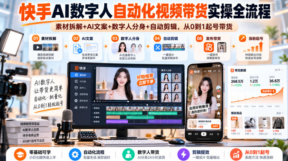 快手AI数字人自动化视频带货实操全流程|素材拆解+AI文案+数字人分身+自动剪辑,从0到1起号带货(更新26年)-旺仔资源库