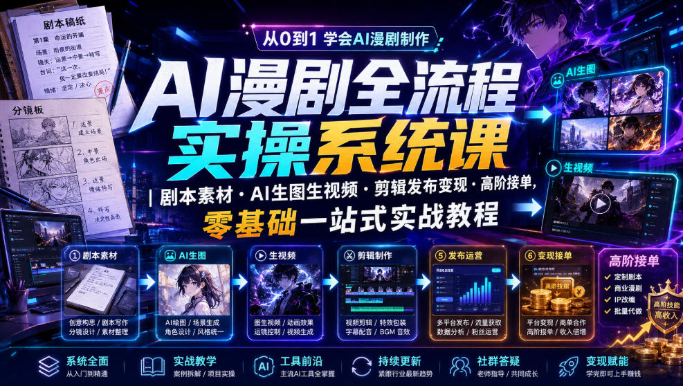 AI漫剧全流程实操系统课|剧本素材・AI生图生视频・剪辑发布变现・高阶接单,零基础一站式实战教程-旺仔资源库