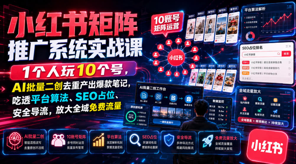 小红书矩阵推广系统实战课｜1个人玩10个号，AI批量二创去重产出爆款笔记，吃透平台算法、SEO占位、安全导流，放大全域免费流量-旺仔资源库