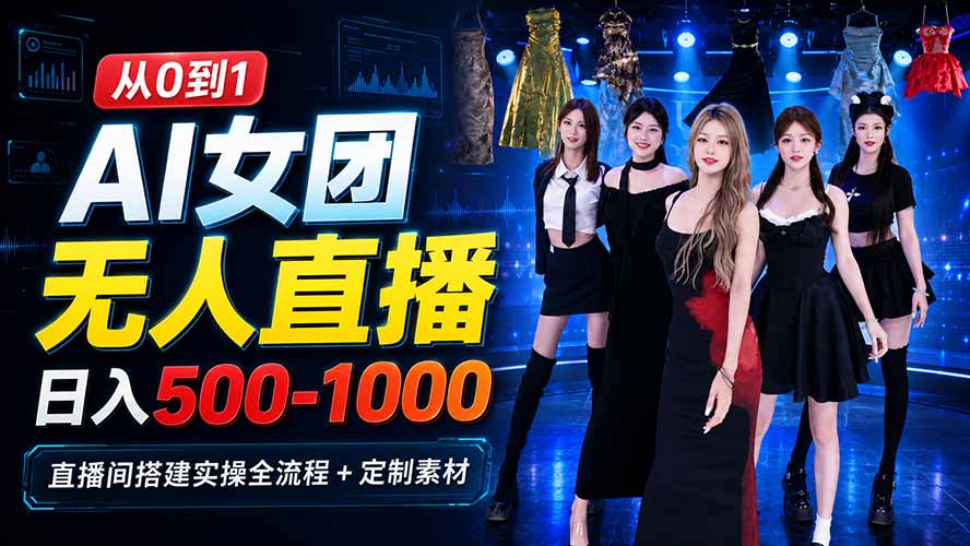 AI 女团无人直播，躺入500-1000每天，直播间搭建实操全流程+定制素材-旺仔资源库