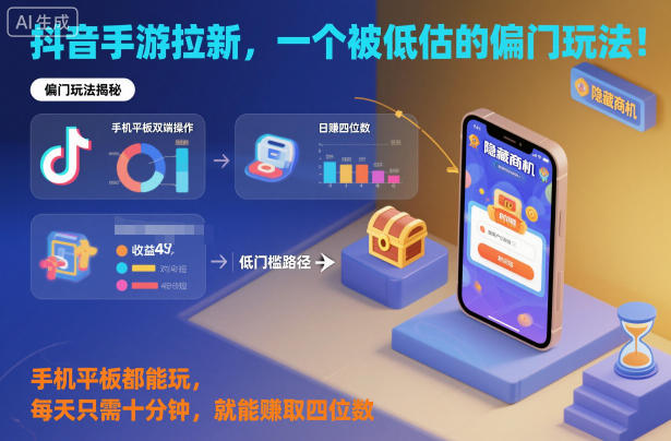 抖音手游拉新，一个被低估的偏门玩法！手机平板都能玩，每天只需十分钟，就能賺取四位数【揭秘】-旺仔资源库