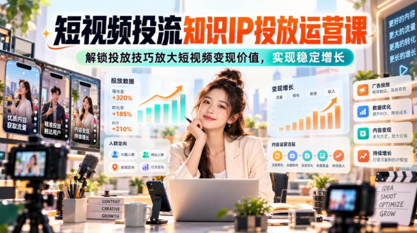 短视频投流知识IP投放运营课,解锁投放技巧放大短视频变现价值,实现稳定增长-旺仔资源库