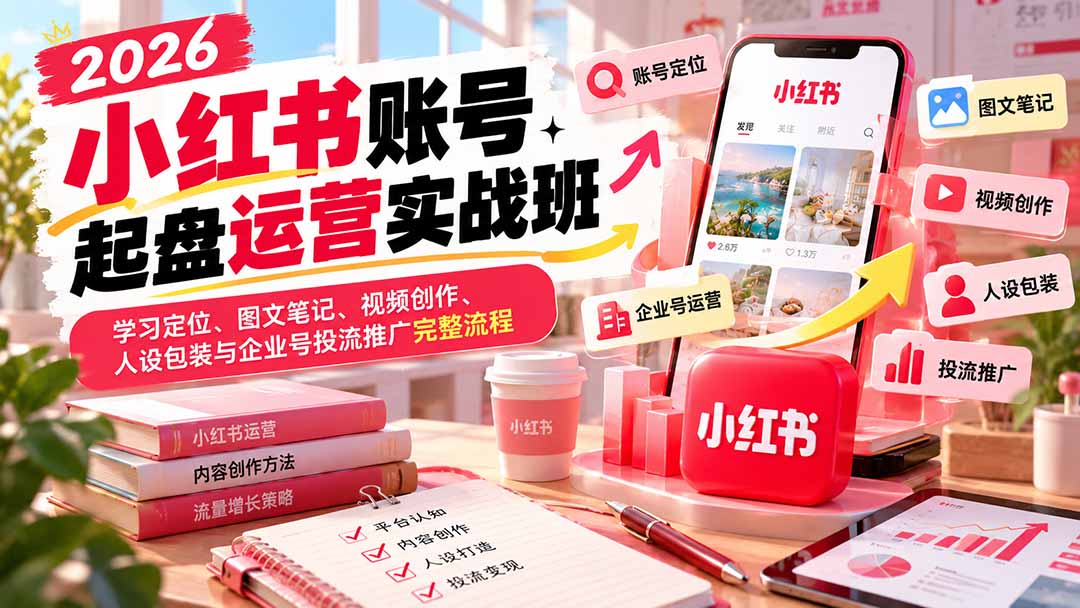 2026小红书账号起盘运营实战班:学习定位、图文笔记、视频创作、人设包装与企业号投流推广完整流程-旺仔资源库