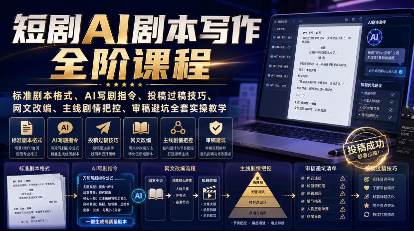 短剧AI剧本写作全阶课程|标准剧本格式、AI写剧指令、投稿过稿技巧、网文改编、主线剧情把控、审稿避坑全套实操教学-旺仔资源库