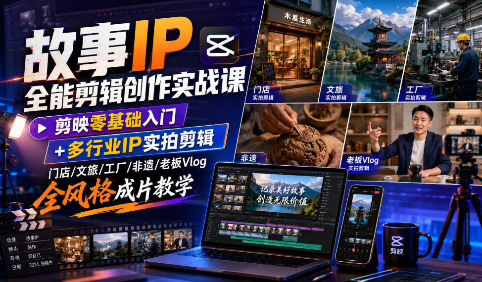 故事IP全能剪辑创作实战课|剪映零基础入门+多行业IP实拍剪辑,门店/文旅/工厂/非遗/老板Vlog全风格成片教学-旺仔资源库