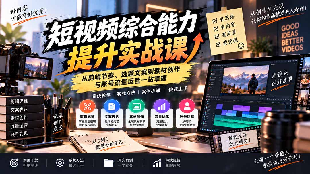 短视频综合能力提升实战课:从剪辑节奏、选题文案到素材创作与账号流量运营一站掌握-旺仔资源库