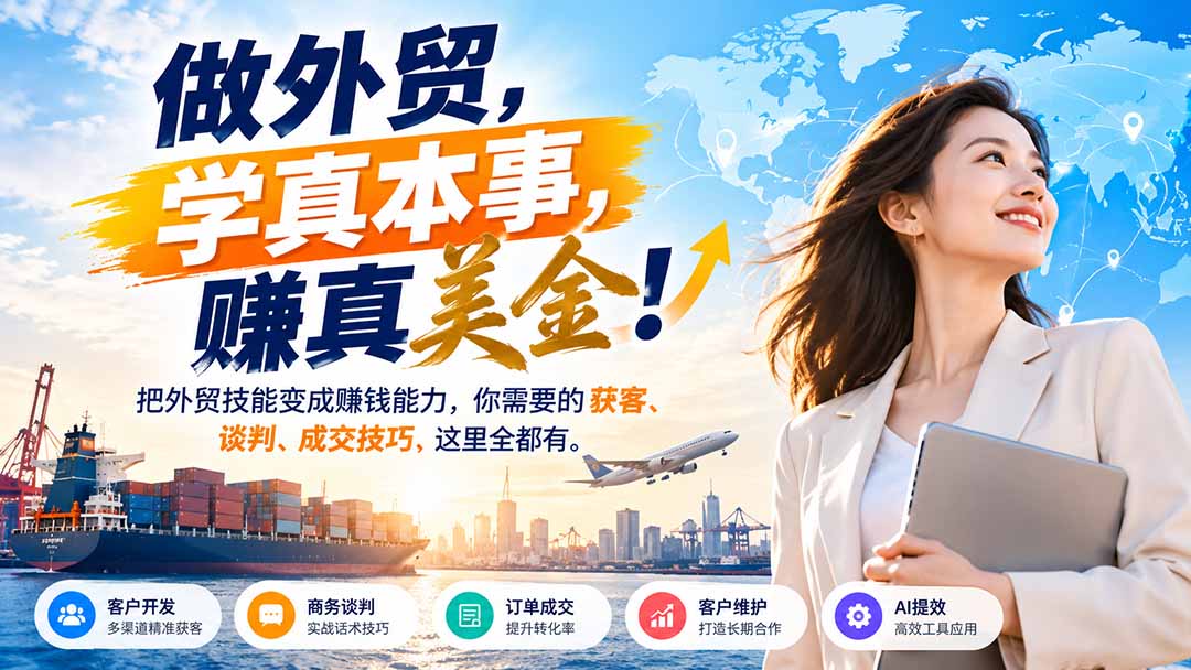 做外贸,学真本事,赚真美金!把外贸技能变成赚钱能力,你需要的获客、谈判、成交技巧,这里全都有-旺仔资源库