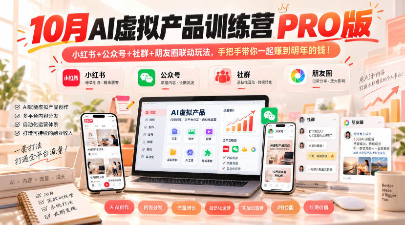 10月AI虚拟产品训练营PRO版,小红书+公众号+社群+朋友圈联动玩法,手把手带你一起赚到明年的钱!-旺仔资源库