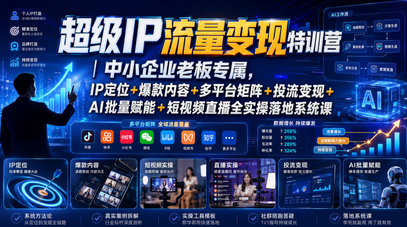 超级IP流量变现特训营｜中小企业老板专属，IP定位+爆款内容+多平台矩阵+投流变现+AI批量赋能+短视频直播全实操落地系统课-旺仔资源库