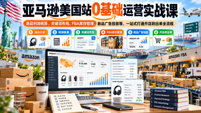 亚马逊美国站0基础运营实战课｜选品利润核算、关键词布局、FBA库存管理、新品广告投放等，一站式打通开店到出单全流程-旺仔资源库