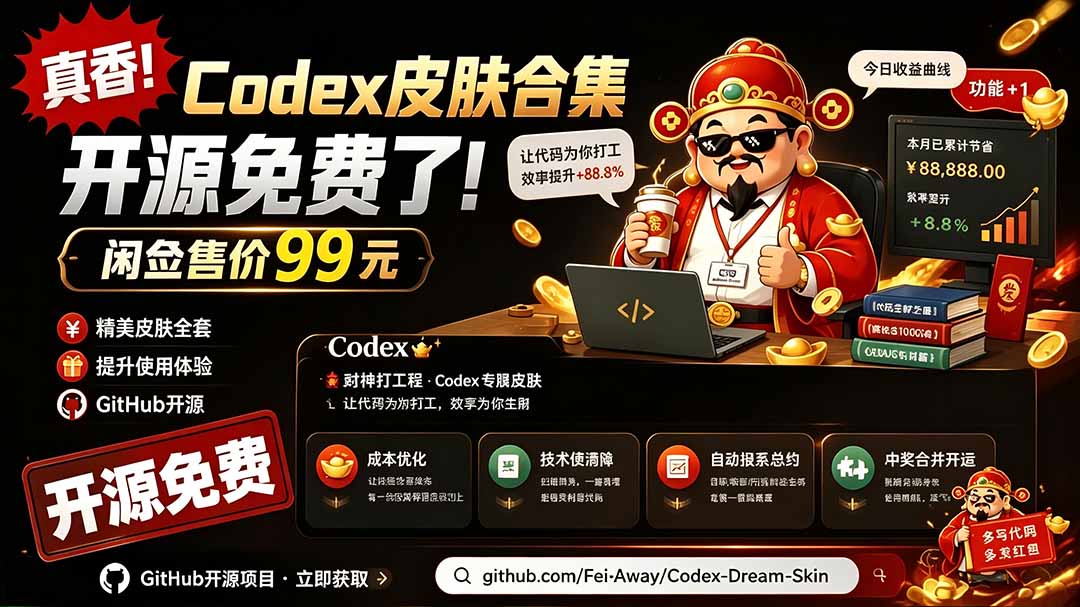 闲鱼售卖99元的Codex皮肤包,GitHub 免费开源了!让你的codex变成精美界面 Codex Dream Skin-旺仔资源库