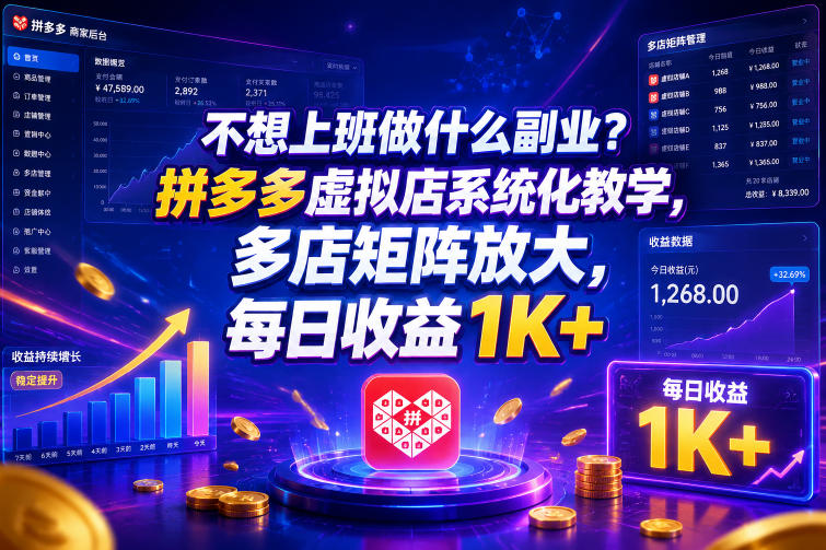 不想上班做什么副业?拼多多虚拟店系统化教学,多店矩阵放大,每日收益1K+【揭秘】-旺仔资源库