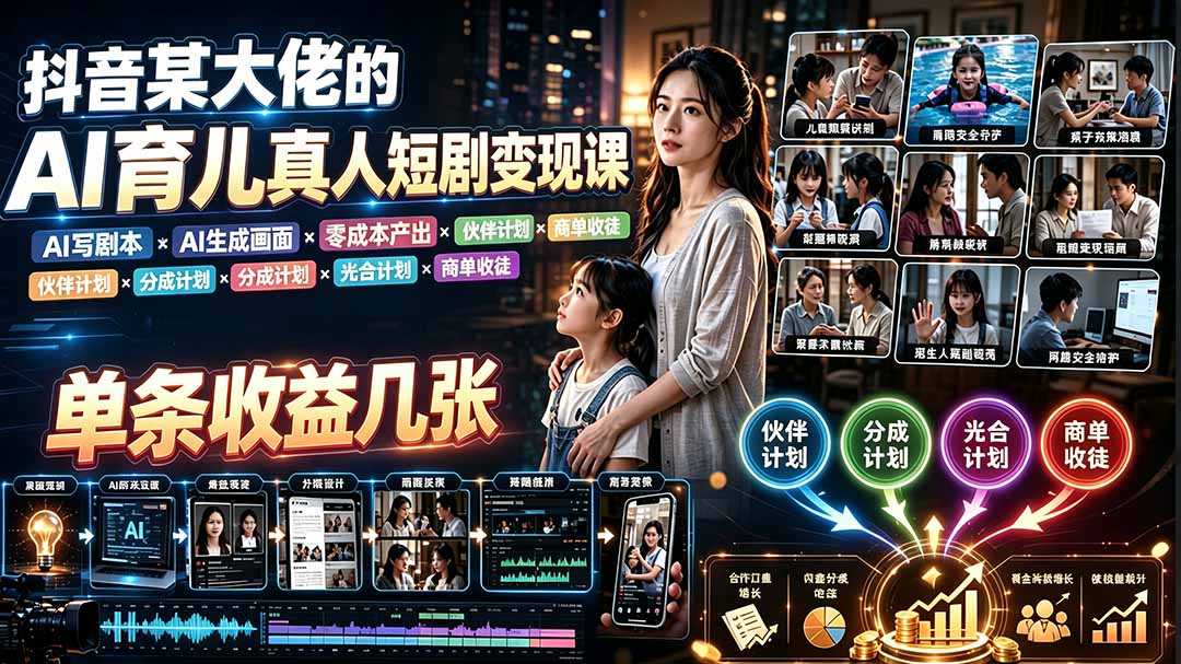 AI育儿真人短剧变现课:AI写剧本×AI生成画面×零成本产出×伙伴计划×分成计划×光合计划×商单收徒-旺仔资源库