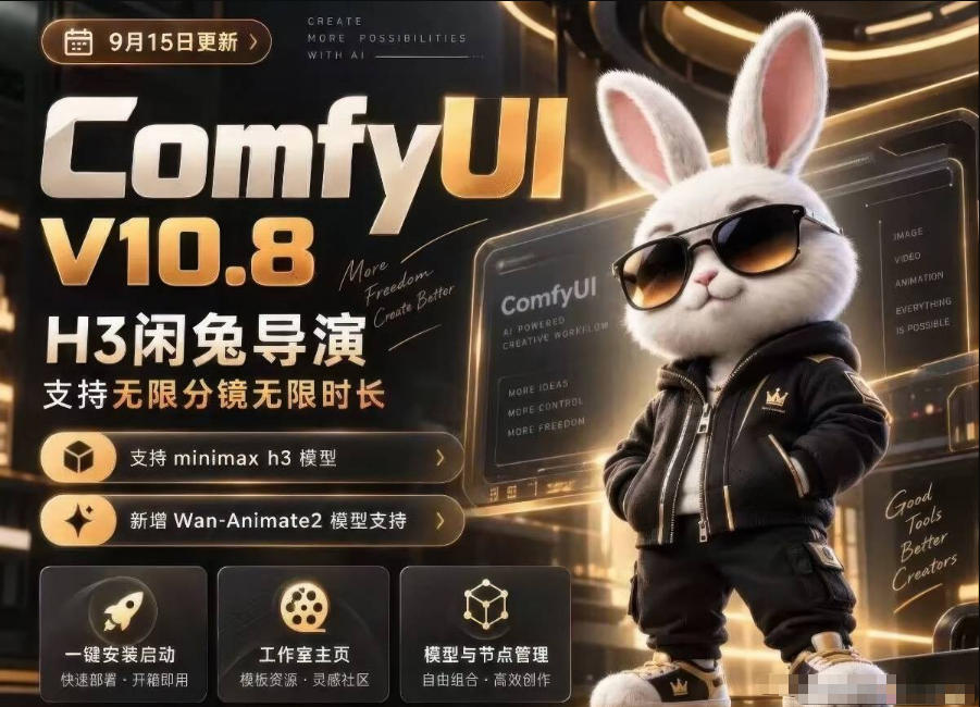 ComfyUI V10.8中文整合包,H3闲兔导演,支持无限分镜无限时长,1000+工作流,动作迁移,角色替换,视频一致性,口型同步,低显存可用-旺仔资源库