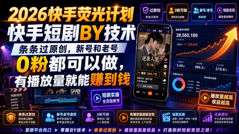 2026快手荧光计划，快手短剧搬运技术，条条过原创，新号和老号0粉都可以做，有播放量就能賺到钱-旺仔资源库