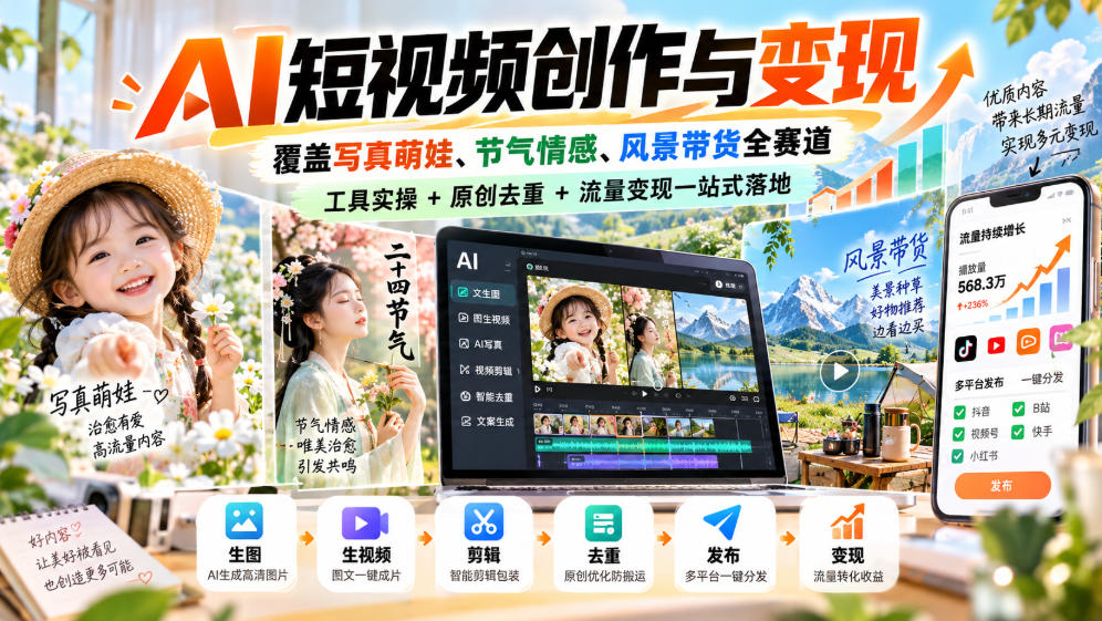 AI短视频创作与变现,覆盖写真萌娃、节气情感、风景带货全赛道,工具实操+原创去重+流量变现一站式落地-旺仔资源库