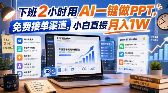 下班2小时用AI一键做PPT，免费接单渠道，小白直接月入1W【揭秘】-旺仔资源库