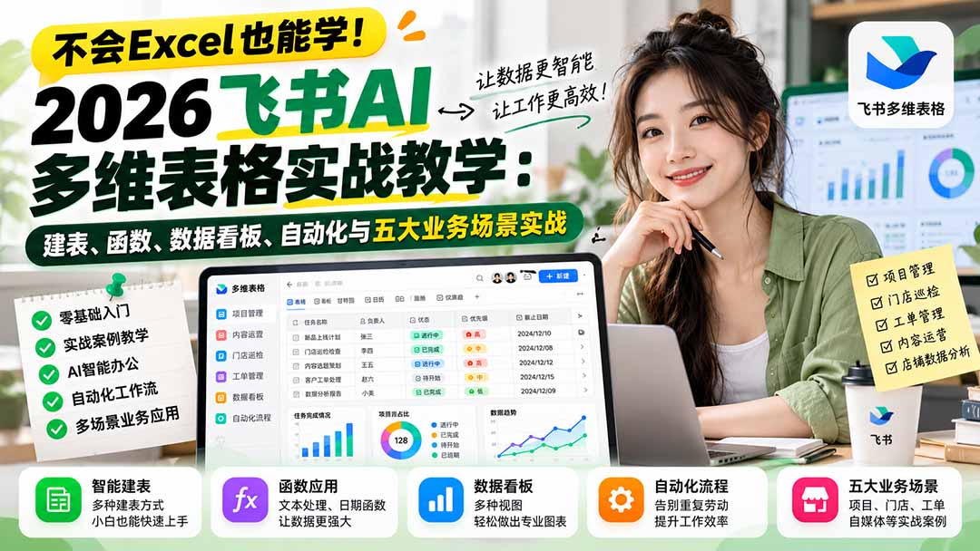 不会Excel也能学！2026飞书AI多维表格实战教学：建表、函数、数据看板、自动化与五大业务场景实战-旺仔资源库