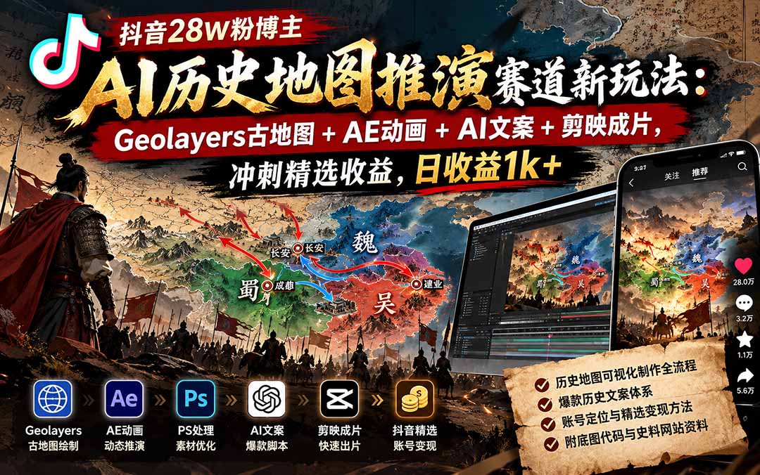 抖音28W粉博主AI历史地图推演赛道新玩法：Geolayers古地图+AE动画+AI文案+剪映成片，冲刺精选收益，日收益1k+-旺仔资源库