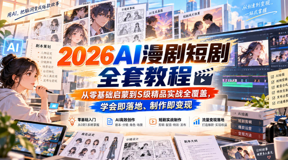 2026AI漫剧短剧全套教程，从零基础启蒙到S级精品实战全覆盖，学会即落地、制作即变现-旺仔资源库