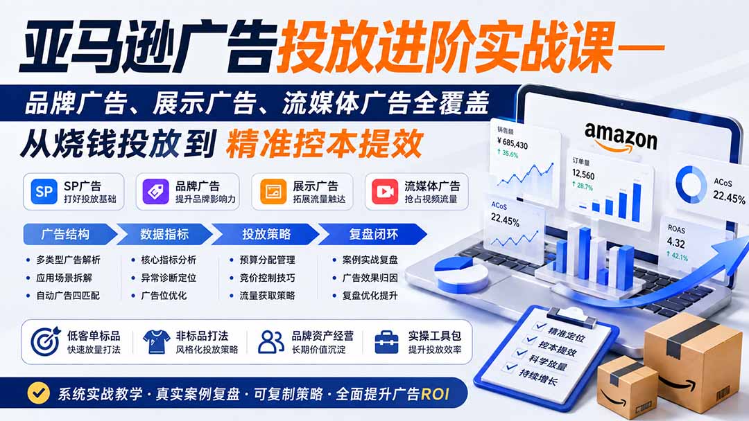 亚马逊广告投放进阶实战课——品牌广告、展示广告、流媒体广告全覆盖，从烧钱投放到精准控本提效-旺仔资源库