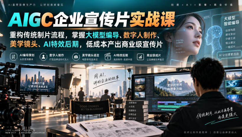 AIGC企业宣传片实战课,重构传统制片流程,掌握大模型编导、数字人制作、美学镜头、AI特效后期,低成本产出商业级宣传片-旺仔资源库