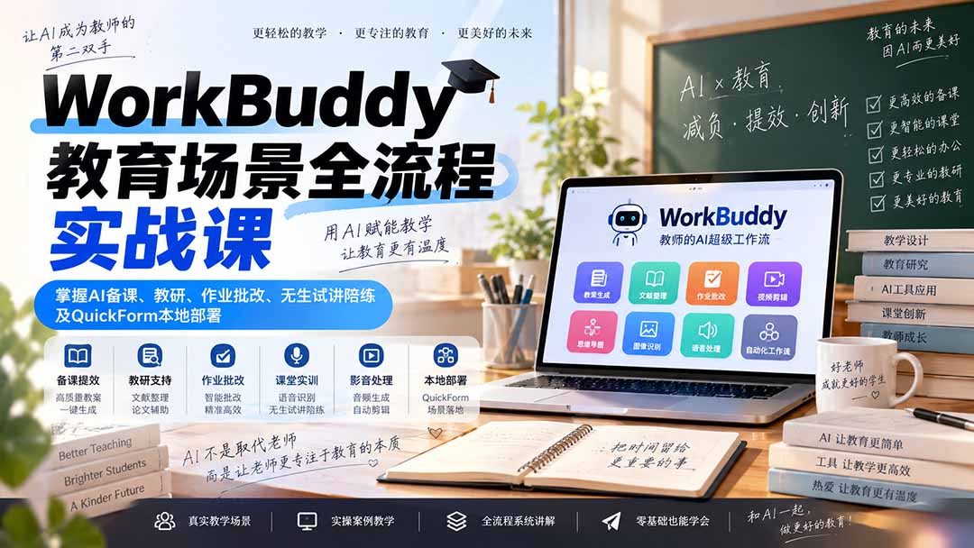 WorkBuddy教育场景全流程实战课:掌握AI备课、教研、作业批改、无生试讲陪练及QuickForm本地部署-旺仔资源库