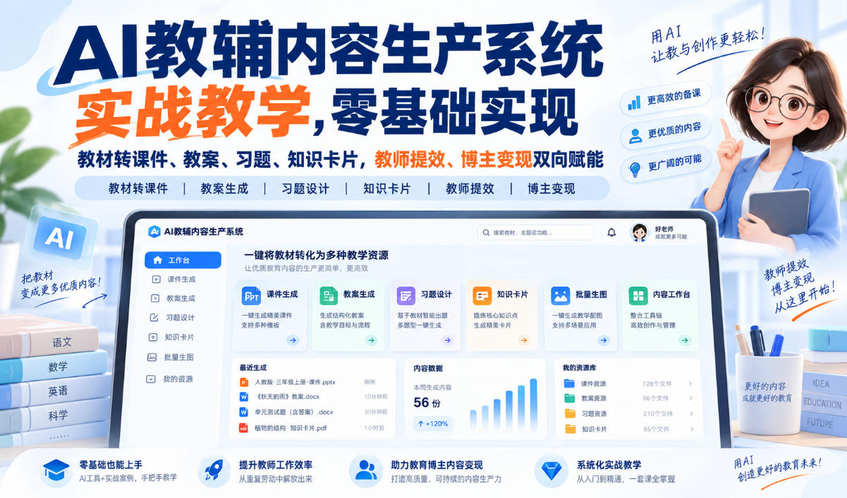 AI教辅内容生产系统实战教学，零基础实现教材转课件、教案、习题、知识卡片，教师提效、博主变现双向赋能-旺仔资源库