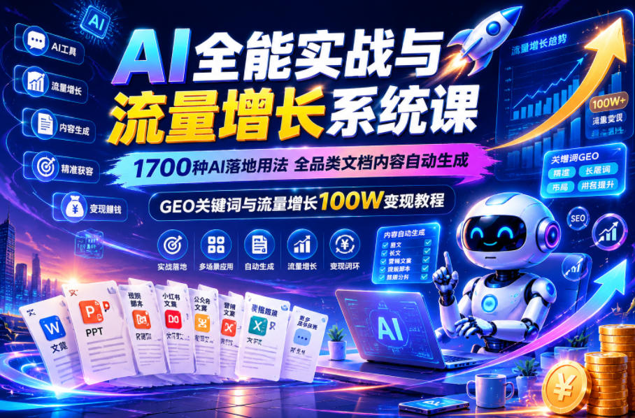 AI全能实战与流量增长系统课,1700种AI落地用法,全品类文档内容自动生成,GEO关键词与流量增长100W变现教程-旺仔资源库