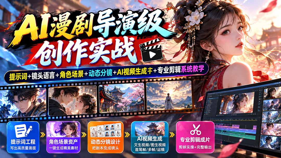 AI漫剧导演级创作实战：提示词+镜头语言+角色场景+动态分镜+AI视频生成+专业剪辑系统教学-旺仔资源库