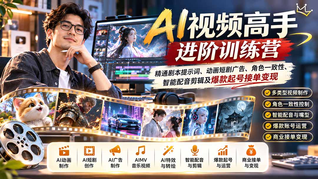 AI视频高手进阶训练营:精通剧本提示词、动画短剧广告、角色一致性、智能配音剪辑及爆款起号接单变现-旺仔资源库