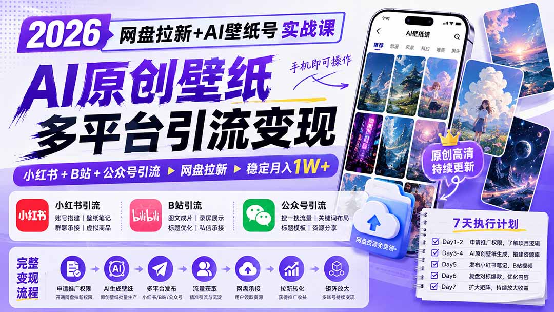 2026网盘拉新+AI壁纸号实战课:AI原创壁纸+小红书+B站+公众号引流,手机即可操作,月入1W+-旺仔资源库
