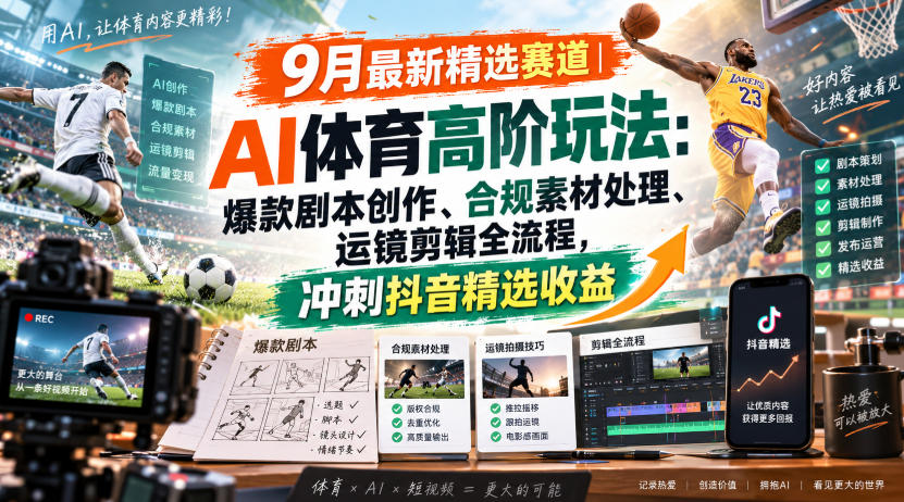 某大佬的9月最新精选赛道之AI体育顶级玩法,爆款剧本创作、版权规避、运镜剪辑全流程,稳拿抖音精选收益-旺仔资源库