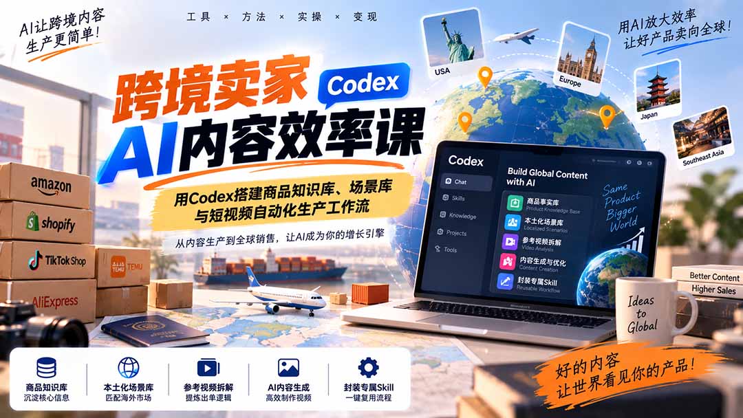 跨境卖家AI内容效率课:用Codex搭建商品知识库、场景库与短视频自动化生产工作流-旺仔资源库