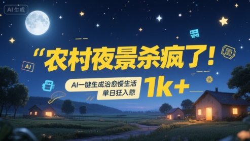 农村夜景杀疯了！AI一键生成治愈系慢生活，单日狂入1k+-旺仔资源库