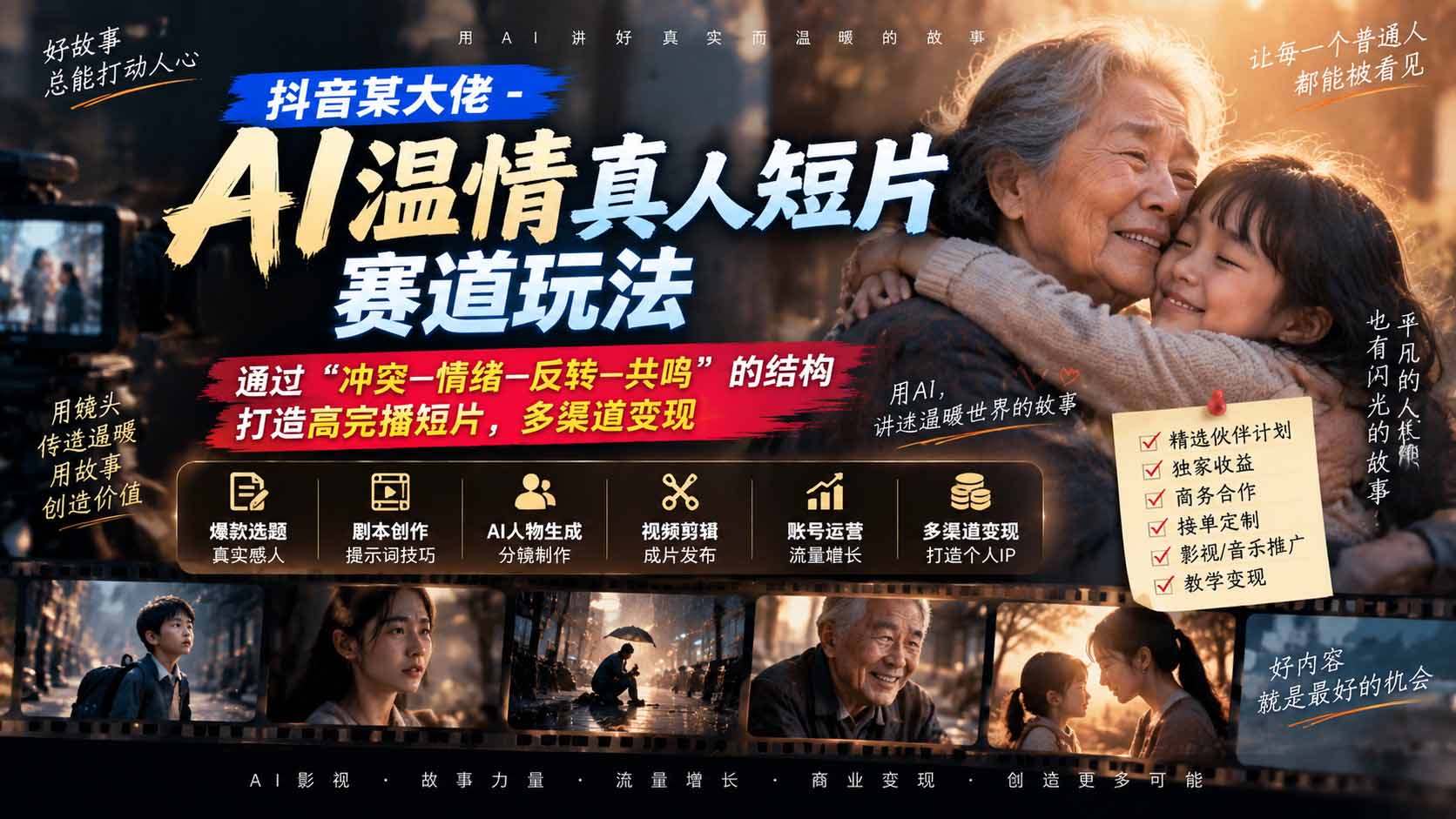 抖音某大佬-AI温情真人短片赛道玩法:通过“冲突—情绪—反转—共鸣”的结构打造高完播短片,多渠道变现-旺仔资源库