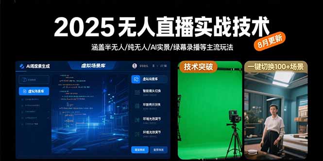 2025无人直播实战技术-8月，涵盖半无人/纯无人/AI实景/绿幕录播等主流玩法-旺仔资源库
