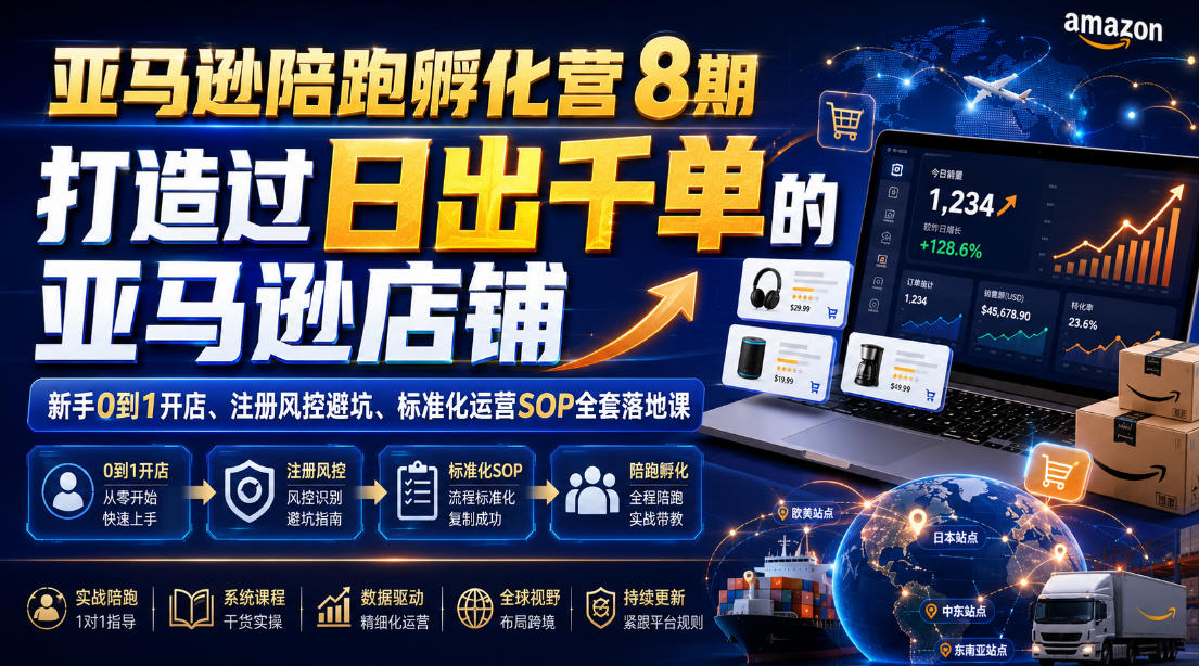 亚马逊陪跑孵化营8期,打造过日出千单的亚马逊店铺,新手0到1开店、注册风控避坑、标准化运营SOP全套落地课-旺仔资源库
