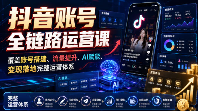 抖音账号全链路运营课，覆盖账号搭建、流量提升、AI赋能、变现落地完整运营体系-旺仔资源库