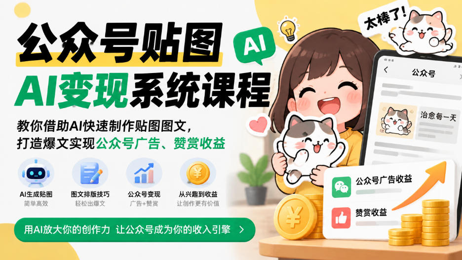 公众号贴图AI变现系统课程｜教你借助AI快速制作贴图图文，打造爆文实现公众号广告、赞赏收益-旺仔资源库