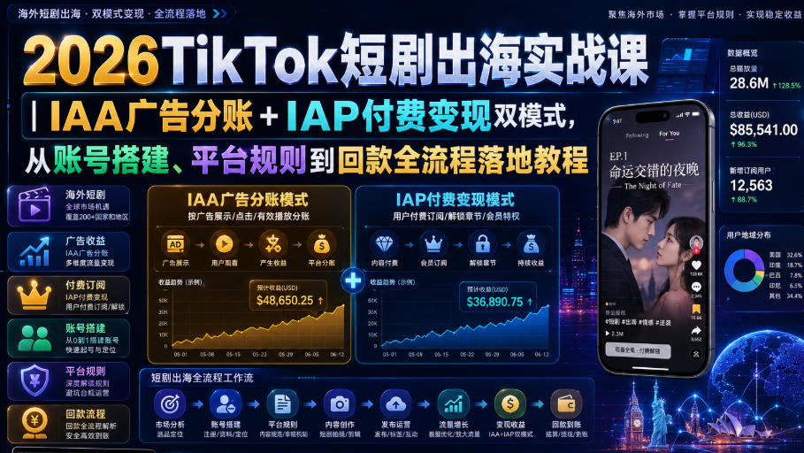 2026TikTok短剧出海实战课｜IAA广告分账+IAP付费变现双模式，从账号搭建、平台规则到回款全流程落地教程-旺仔资源库