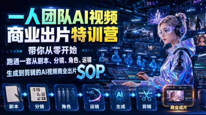 一人团队AI视频商业出片实战课:带你从零开始跑通一套从剧本、分镜、角色、运镜、生成到剪辑的AI视频商业出片SOP-旺仔资源库