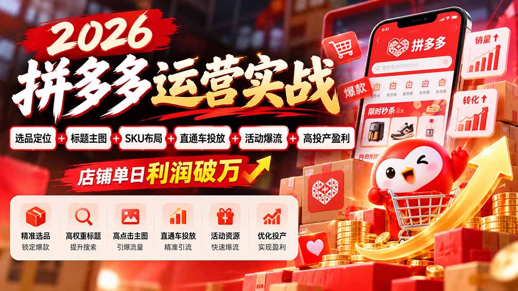 2026拼多多运营实战-更新1002:选品定位+标题主图+SKU布局+直通车投放+活动爆流+高投产盈利 店铺单日利润破万-旺仔资源库