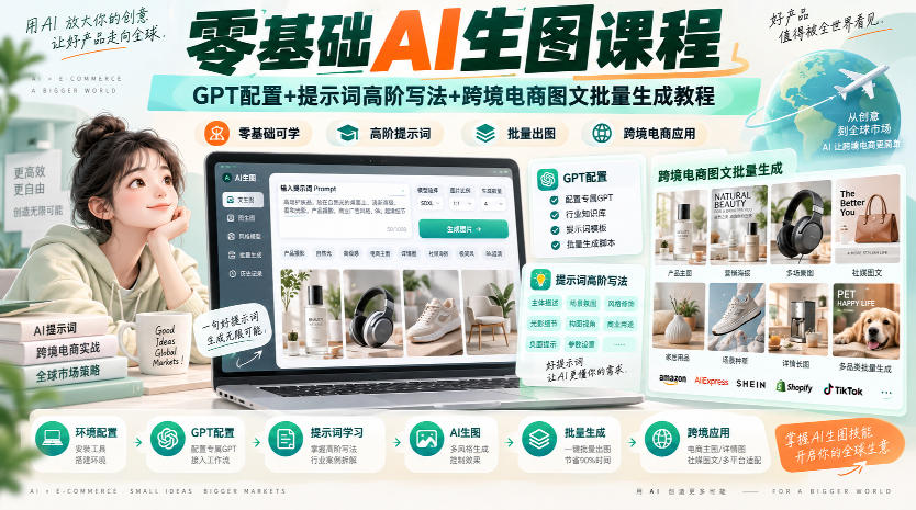 零基础AI生图课程,GPT配置+提示词高阶写法+跨境电商图文批量生成教程-旺仔资源库