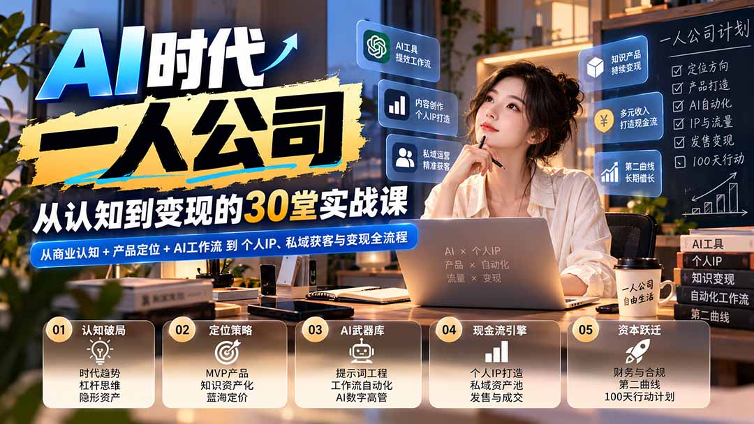 【无水印】AI时代一人公司30堂实战课:从商业认知+产品定位+AI工作流到个人IP、私域获客与变现全流程-旺仔资源库
