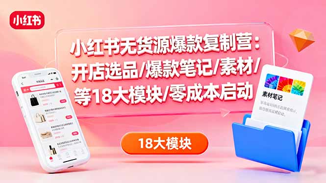 小红书无货源爆款复制营：开店选品/爆款笔记/素材/等18大模块/零成本启动-旺仔资源库