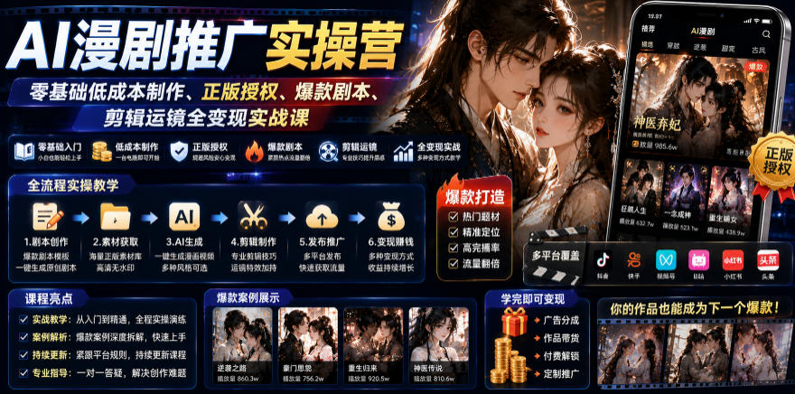 AI漫剧推广实操营｜零基础低成本制作、正版授权、爆款剧本、剪辑运镜全变现实战课-旺仔资源库