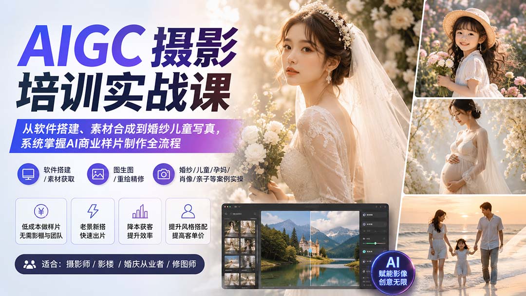 AIGC摄影培训实战课：从软件搭建、素材合成到婚纱儿童写真，系统掌握AI商业样片制作全流程-旺仔资源库